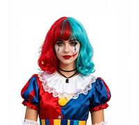 OhMill Parrucca ondulata a caschetto rosso e blu con frangia, da donna, bicolore, sintetica, divertente, accessorio alla moda e riccia, per cosplay, carnevale, feste, carnevale, festival musicali