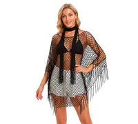 OhMill Set bikini da donna con frange e sciarpa, in rete, sexy, lavorato a maglia, estivo, poncho da spiaggia, moderno, morbido, leggero e arioso, per feste in piscina, vacanze e viaggi, Nero , Taglia