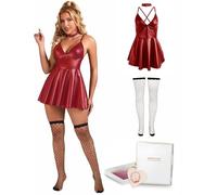 ohmydear Abito Sexydonna in Pelle Vistito Discoteca Hot Curvy Halter Lucido Dress per Feste Miniabito Tubino Corto Clubwear Leather Vestiti in Linea A con Calze in Box per Regalo