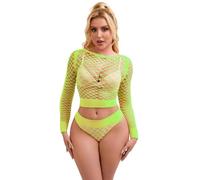 ohmydear Bodystocking Set 2 Pezzi Completi Intimi sexydonna Alta Elasticità Lingerie da Fishnet Abbigliamento Top Maniche Lunghe e Slip Biancheria Intima Taglia Forti