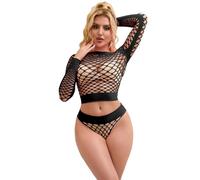 ohmydear Bodystocking Set 2 Pezzi Completi Intimi sexydonna Alta Elasticità Lingerie da Fishnet Abbigliamento Top Maniche Lunghe e Slip Biancheria Intima Taglia Forti