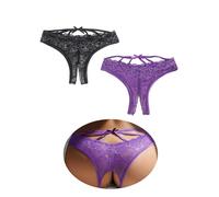 ohmydear Perizoma di pizzo perizoma erotico da donna mutandine slip Ouvert per le donne sexy intimo sul cavallo aperto hipster a vita bassa mutande con cinturino a croce e fiocco, 2 confezioni nero+