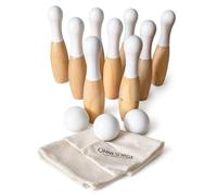 OhneSorge Set da bowling in legno per bambini e adulti, 9 coni e 3 palline, gioco di coni in legno di pino con borsa per il trasporto, 19 cm, gioco per interni ed esterni per giardino, parco e