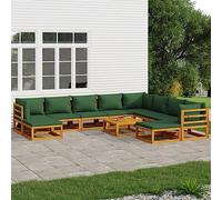 OHOOWOO Set Salotto da Giardino 11pz con Cuscini Verdi Legno Massello Set di mobili