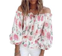 OHXSM Camicette da Donna con Spalle Scoperte Floreali a Maniche Lunghe con Stampa Floreale Camicie estive Sexy Camicetta con Spalle Scoperte Floreali Casual Estiva Top per Camicia da Donna in Chiffon