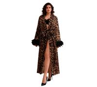 ohyeahlady Accappatoio Donna Leopardato in Tulle Taglie Forti Kimono con Piume Cardigan Lungo con Scollo a V Costume da Bagno Dress Cover Up Bikini Pigiama Vestaglia Lingerie Curvy Leopardato,S