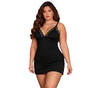 ohyeahlady Camicia da Notte Donna Modal Maniche Corte Sottoveste Morbida e Confortevole Babydoll Mini Abito Elegante Vestaglia Lace Intima da Notte Pigiami Corto Lingerie Curvy Nero,XL