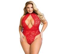 ohyeahlady Taglie Forti Body Pizzo Donna Floreale Senza Schienale Babydoll Scollo V Profondo Lingerie Curvy Senza Maniche a Rete Bodysuit Aderente Teddy Intima da Notte Top Discoteca Rosso,M-L