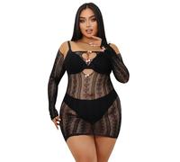 ohyeahlady Taglie Forti Mini Abito a Tubino a Rete Aderente Vestito Corto Discoteca Maniche Lunghe Elegante Miniabito da Festa Intimo Curvy Lingerie Abiti Corti Babydoll Bodystocking (Nero,3XL-5XL)