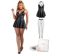 ohyeahlady Vestito Donna Sexy Finta Pelle Taglie Forti Curvy Hot Abito Sexydonna Elegante Nero Miniabito Abiti Sexy Corto Abbigliamento da Discoteca Vestiti da Notte Clubwear Nero+Collant,XXL