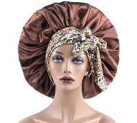 OHYER Cuffia per Capelli in Seta Lunga per Dormire Silk Bonnet Cuffia per Capelli in Raso Doppio Cappello da Notte in Seta per Capelli Ricci Cuffia di Seta Regolabile per la doccia (Marrone)