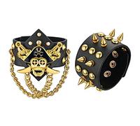 OIDEA [2 Pezzi Bracciale Set da Uomo in Pelle Stile Punk Rock e Prepotente Braccialetto con Borchie Braccialetto Forma di Pirati Caraibici Colore Nero Oro Regalo Perfetto