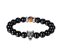 OIDEA Bracciale da uomo con testa di lupo, elastico, con testa di lupo vichingo, a sfera, in agata, nero, idea regalo per uomini, fidanzato, fratello, padre