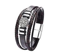 Oidea Bracciale da uomo in pelle vichinga: bracciale nero a strati in corda cerata, con rune in acciaio inox, bussola, amuleto nordico pagano, gioiello regalo, Misura unica, Metallo, Nessuna pietra
