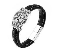 OIDEA Bracciale da uomo vichingo in pelle: bracciale in pelle con ciondolo a bussola in acciaio inossidabile e simbolo Vegvísir stile avventuriero, regalo per la festa del papà, 7in, Pelle