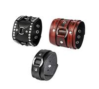 OIDEA Braccialetto Uomo Pelle Cuoio Regolabile Anello Grande Larghezza Stile Punk Rock Marrone Nero(3 Pezzi)