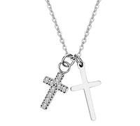 Oidea Collana con doppia croce da donna: ciondolo a forma di croce con zircone lucido, in acciaio inossidabile, gioielli religiosi, regalo per donna, Acciaio inossidabile