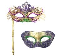 OIDEA Maschera veneziana coppia a mano: 2 maschere a maniche con rilievo dorato viola e verde, accessorio per ballo mascherato e carnevale, regalo festivo per due