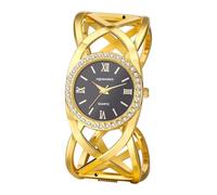 Oidea Orologio da polso da donna in oro con zirconia cubica, quadrante rotondo, analogico, al quarzo, da lavoro, con ciondolo grosso e aperto, Goldblack