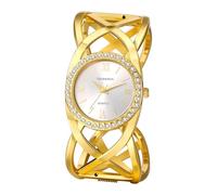 Oidea Orologio da polso da donna in oro con zirconia cubica, quadrante rotondo, analogico, al quarzo, da lavoro, con ciondolo grosso e aperto, Oro