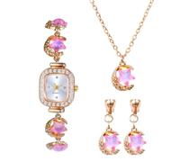 OIDEA Orologio da polso da donna, rettangolare e set di gioielli: analogico, al quarzo, da donna, con zirconi e strass, collana e 1 paio di orecchini a stella, pietra di luna, ciondolo a catena