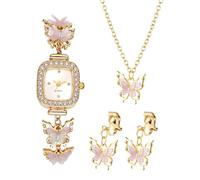 OIDEA Parure orologio da donna a farfalla: set di 3 pezzi con orologio Strass, collana e clip per orecchie, regalo elegante per la mamma (festa della mamma, compleanno), bianco
