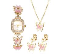 OIDEA Parure orologio da donna a farfalla: set di 3 pezzi con orologio Strass, collana e clip per orecchie, regalo elegante per la mamma (festa della mamma, compleanno), Rosa