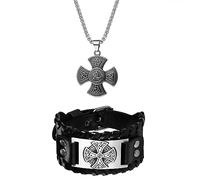 Oidea Set di braccialetti e collane con croce celtica vichinga, braccialetto in pelle con ciondolo a forma di croce celtica con amuleto irlandese, in acciaio inox, collana Mjolnir con croce celtica,