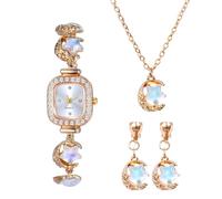 OIDEA Set di gioielli da donna: set di gioielli alla moda con piccolo quadrante quadrato analogico al quarzo, imitazione pietra di luna, stella, orecchini, collana, set per donne e donne, bianco