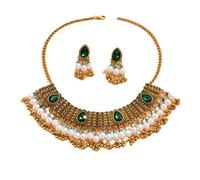 OIDIMS Set di gioielli da sposa indiani bohémien da donna, collana tradizionale ossidata in stile etnico con pendente e nappa, con perline di zirconia cubica, tribale, Bollywood, Jhumka, idea regalo