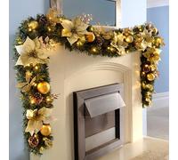 OIFAODAO, Ghirlande Natalizie Artificiali Pre-Illuminate da 9 Piedi, Ghirlanda a Mantello con pigne, Bacche, Palline, Decorazioni Floreali for Interni/Esterni/casa/Camino ，Ghirlanda Natalizia(Gold)