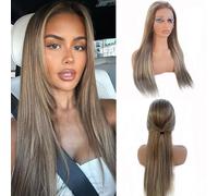 OiMiGO Parrucca di capelli umani 13 x 6 cm, capelli umani con attaccatura frontale in pizzo senza colla, castano misto castano con biondo cenere, 100% capelli vergini Remy, pre-pizzicati con