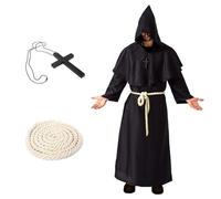 OIOYLEY Costume da Monaco Sacerdote Accappatoio Frate Medieval Rinascimentale, Costume da Monaco con Cappuccio Corda in Vita e Collana a Croce per Halloween Carnevale, monaco medievale (XL, Nero)