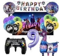 Oirigaga Set di decorazioni per feste di compleanno a tema gioco per bambini con palloncini di elio, palloncini di alluminio, striscione di buon compleanno e sfondo per ragazzi e ragazze di 9 anni