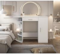 Oiroporz Scrivania da trucco con specchio rotondo a LED e contenitore nascosto, luci regolabili in 3 colori, ripiani aperti a 4 livelli + grande cassetto, scrivania extra larga da 49 cm, tavolo da