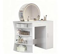 Oiroporz Scrivania da trucco con specchio rotondo a LED e contenitore nascosto, luci regolabili in 3 colori, ripiani aperti a 4 livelli + grande cassetto, scrivania extra larga da 49 cm, tavolo da