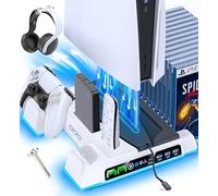 OIVO Supporto per PS5/Slim/Pro con Ventola di Raffreddamento, Ricarica Controller PS5, PS5 Supporto Verticale con Indicatori LED e Conservazione per 14 Giochi per Playstation 5 (Bianco & Nero)