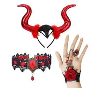 OIXYEY Halloween Corna da Diavolo, 3 Pcs Costume Malefica, Corno Diavolo con Collana Gotico Pizzo, Cerchietto Con Corna, Costume Halloween Donna per Halloween Terrore Festa Cosplay Carnevale.