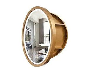 OJHFJMGH Specchio da bagno a LED, Mobiletto portaoggetti rotondo da parete con struttura in legno, armadietto porta medicinali specchio e interruttore Smart Touch, completamente assemblato(Gold,60cm)
