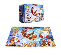 OJIN 60 pezzi in legno Jigsaw Puzzle Merry Christmas Xmas Babbo Natale precoce sviluppo dei bambini Puzzle giocattoli di legno del fumetto con scatola di immagazzinaggio di metallo(60 Pezzi)