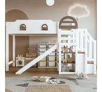 Ojiuboo, Letto a castello per bambini con finestra, scivolo, scala con corrimano e 2 armadietti, design flessibile, pino + MDF, bianco + marrone, 90 x 200 cm