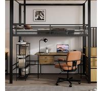Ojiuboo, Letto a soppalco in ferro battuto + MDF, con armadio e scala di stoccaggio, finestra magnetica in acrilico, piano inferiore liberamente personalizzabile, portata 120 kg, colore nero e