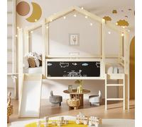 Ojiuboo Letto a soppalco per bambini con scivolo e lavagna, struttura in legno massello, scala di sicurezza e griglia di protezione, letto singolo multifunzionale, perfetto per la cameretta dei