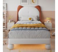 Ojiuboo, Letto imbottito, letto singolo per bambini, testa a orecchie di gatto in PU, striscia LED regolabile sotto il letto, rete a doghe stabili, beige + marrone giallo, 90 x 200 cm
