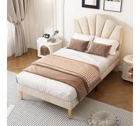 Ojiuboo Letto singolo, in pelle scamosciata di alta qualità, a conchiglia con gambe in metallo dorato e testiera regolabile, con rete a doghe, facile da montare, colore beige, 90 x 200 cm