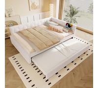 Ojiuboo Letto singolo multifunzione con rete a doghe (senza materasso), con lampada da comodino, attacco USB/tipo C, letto estraibile, tessuto simile al cachemire (bianco, 140 x 200 cm)