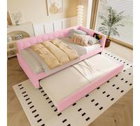 Ojiuboo Letto singolo multifunzione con rete a doghe (senza materasso), con lampada da comodino, attacco USB/tipo C, letto estraibile, tessuto cashmere (rosa, 90 x 200 cm)