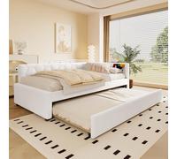 Ojiuboo Letto singolo multifunzione con rete a doghe (senza materasso), con lampada da comodino, attacco USB/tipo C, letto estraibile, tessuto simile al cachemire (bianco, 90 x 200 cm)