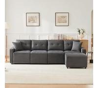 Ojiuboo Moderno divano a quattro posti largo 280 cm con sgabello integrato, rivestimento in velluto di alta qualità e pratico spazio grazie alla molla a gas, grigio, 280 x 146 x 85 cm