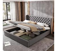 Ojiuboo Morbido letto matrimoniale con funzione di spazio di archiviazione, motivo trapuntato a orecchie con bottoni grandi, base antivegetativa e rete a doghe, lusso europeo, grigio, 180 x 200 cm